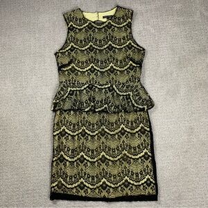 Traffic People Yellow Black Lace Overlay Peplum Open Back Dress Women’s Medium